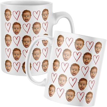 All Over Face with Hearts Custom Mug Personalized Photo Cup with Human or Pet Face Repeated in Cute Heart Pattern Funny Customized Coffee Mug, Gift for Birthdays, Holidays, Anniversary