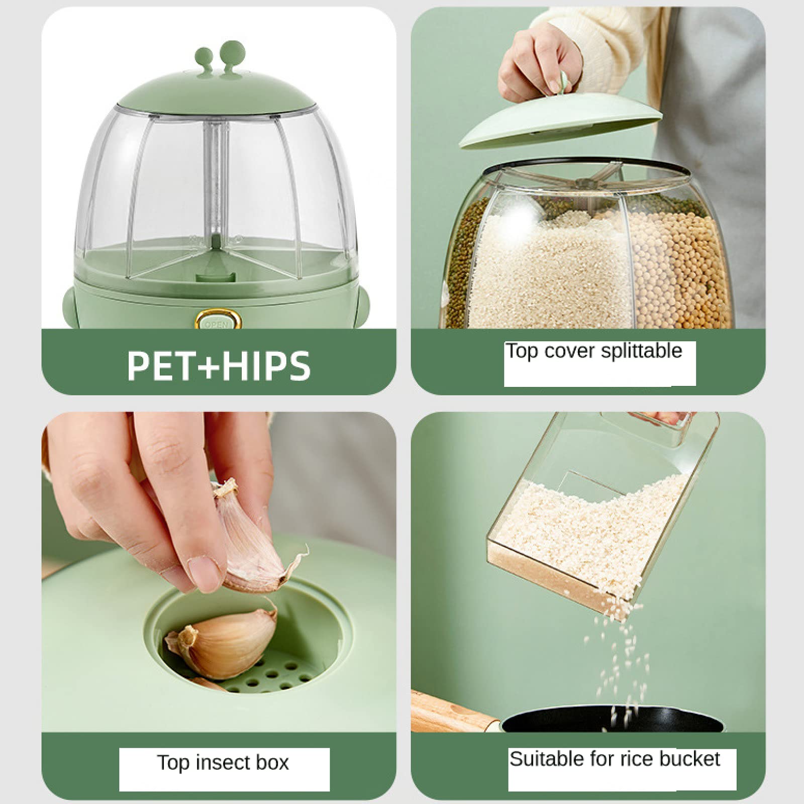 NIBHZ Dispenser per Cereali, distributore di Alimenti a 5 Griglie rotanti a 360 °, Contenitore per Riso e Cereali, Uscita del Riso con Un clic, Serbatoio Rotondo per Cereali multicereali,White