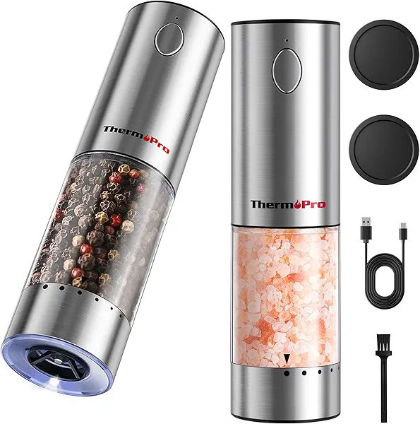 ThermoPro 110ml Electric Salt and Pepper Grinder Set Rechargeable, Automatic Pepper Grinder Shakers with External Adjustment, Refillable Pepper Mill Set with Dust Cover & LED light, Stainless Steel
