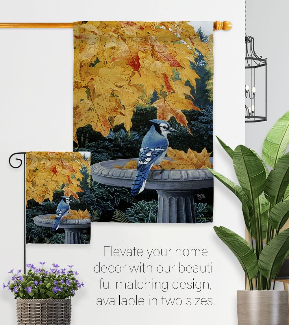 Breeze Decor - Autumn Birdbath Garden Friends - Everyday Birds Impressions Decorative Vertical House Flag 28" x 40" Printed in USA