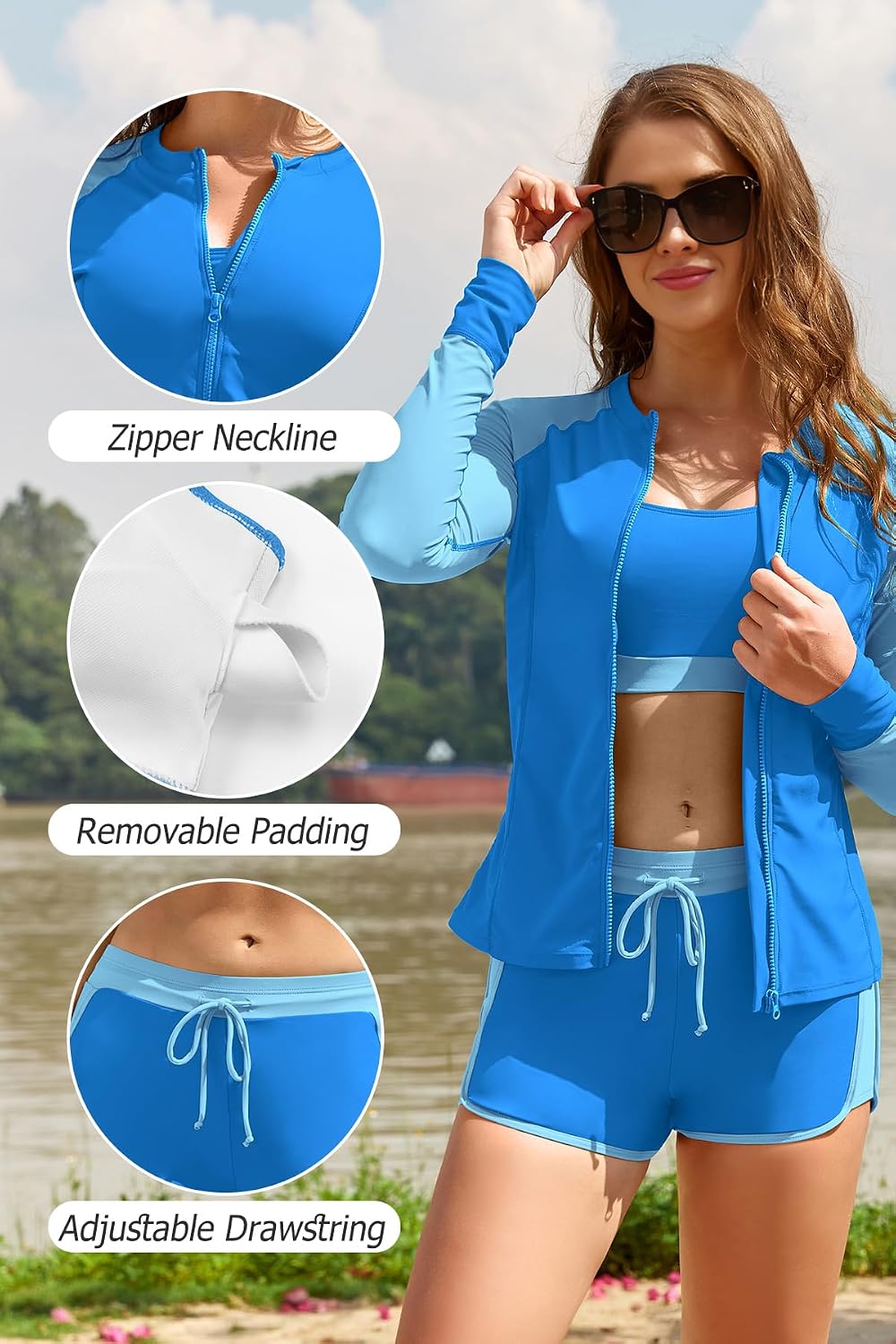 SHEKINI 3 Piece Swimsuits for Women Rash Guard Long Sleeve Swim Shirts Zipper Color Block Bathing Suits Boyshort