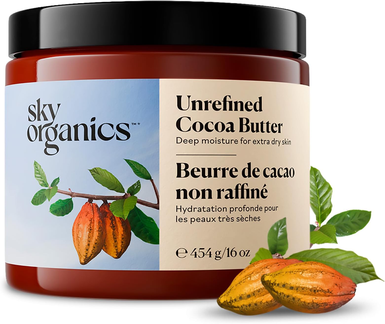 Sky Organics Raw Cocoa Butter for Body (16 oz) 100% Pure & Unrefined Solid Butter - Deeply Hydrates & Conditions Very Dry Skin - Promotes Smooth Tone & Texture - Suitable for Tight or Extra Dry Skin