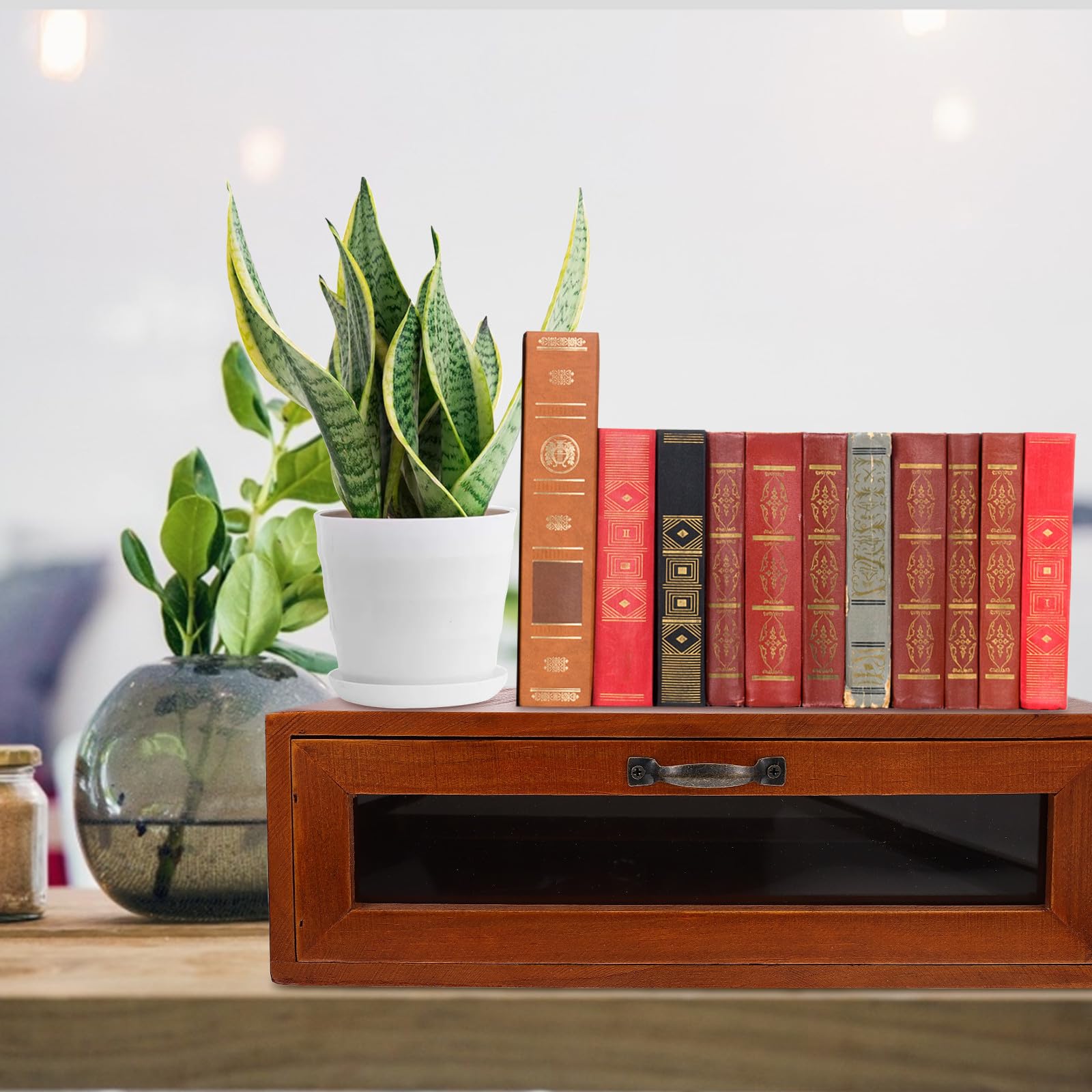 Organizer da Scrivania in Legno e Vetro Marrone Retrò Cassetto Portaoggetti e Supporto per Monitor per Ufficio e Decorazione Desktop