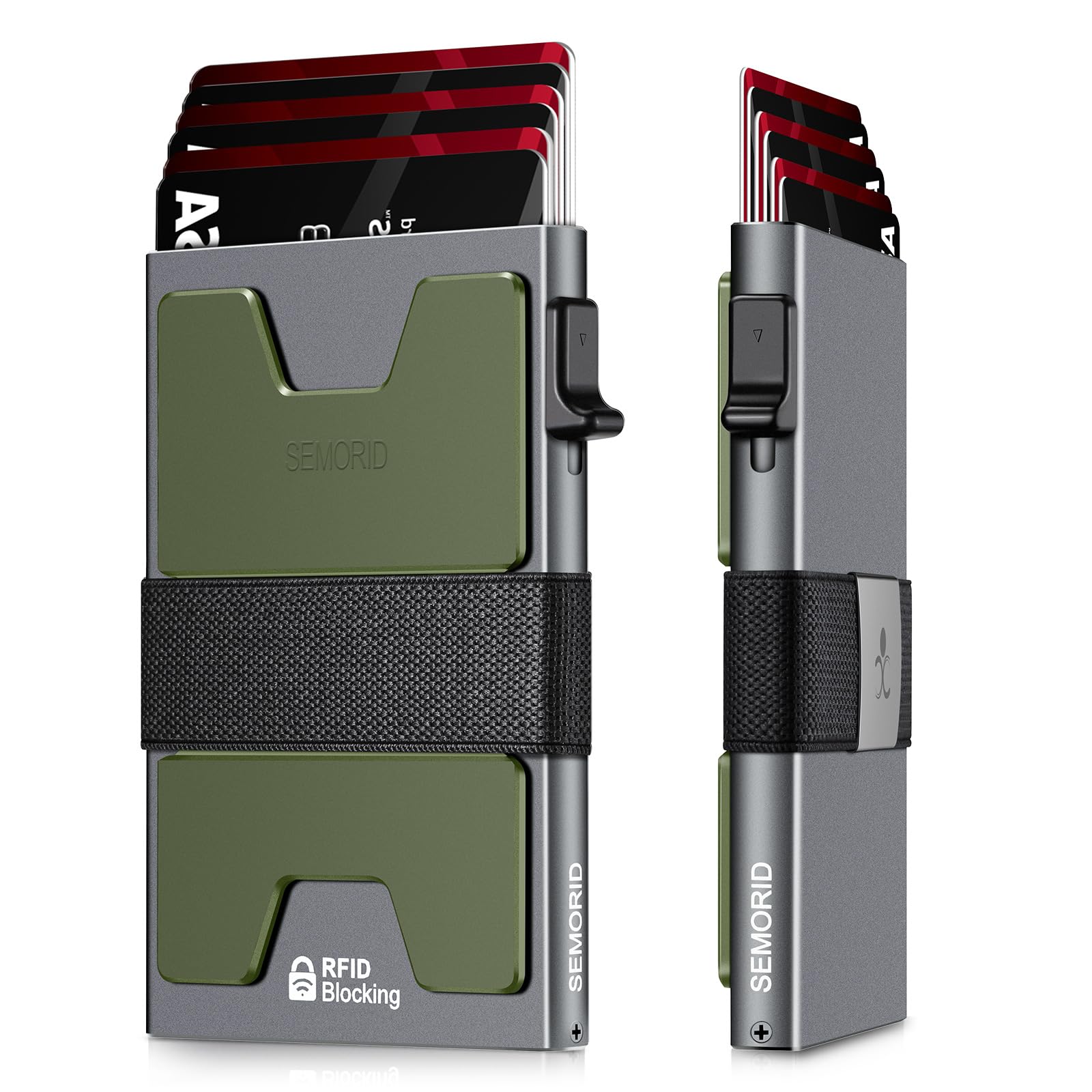 SEMORID Slim Aluminum Card Holder, Expandable Backplate, RFID Blocking Minimalist Pop Up Wallet with Gift Box, Holds 12+ Cards Plus Cash, Grey + Green, Smart Pop Up Wallet
