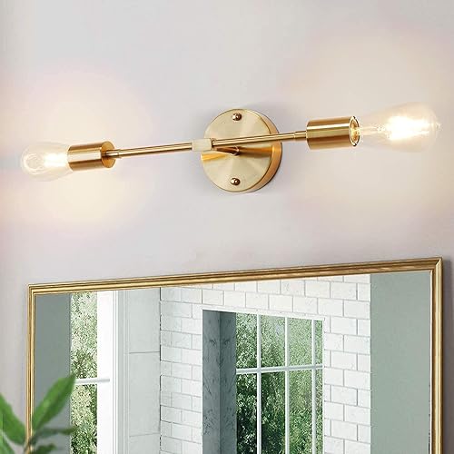 Lámpara de tocador de 2 luces aplique de pared de baño dorado de mediados de siglo moderna lámpara de pared de latón cepillado para interiores