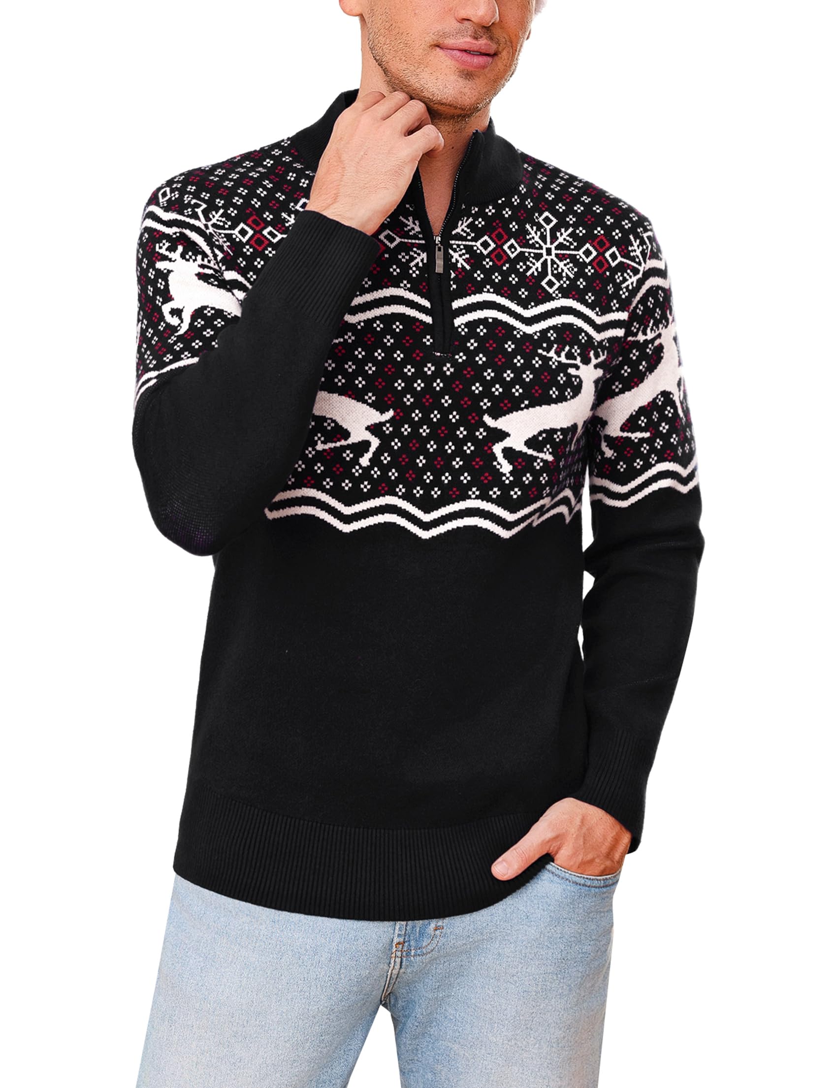 Weihnachtspullover Herren 1/4 Zip Stehkragen Rentiermotiv | Rentier und Schneeflocken Muster, Langarm, Festlicher Winterlook, Weihnachtsfeier, Party, Familienabend und Freizeit