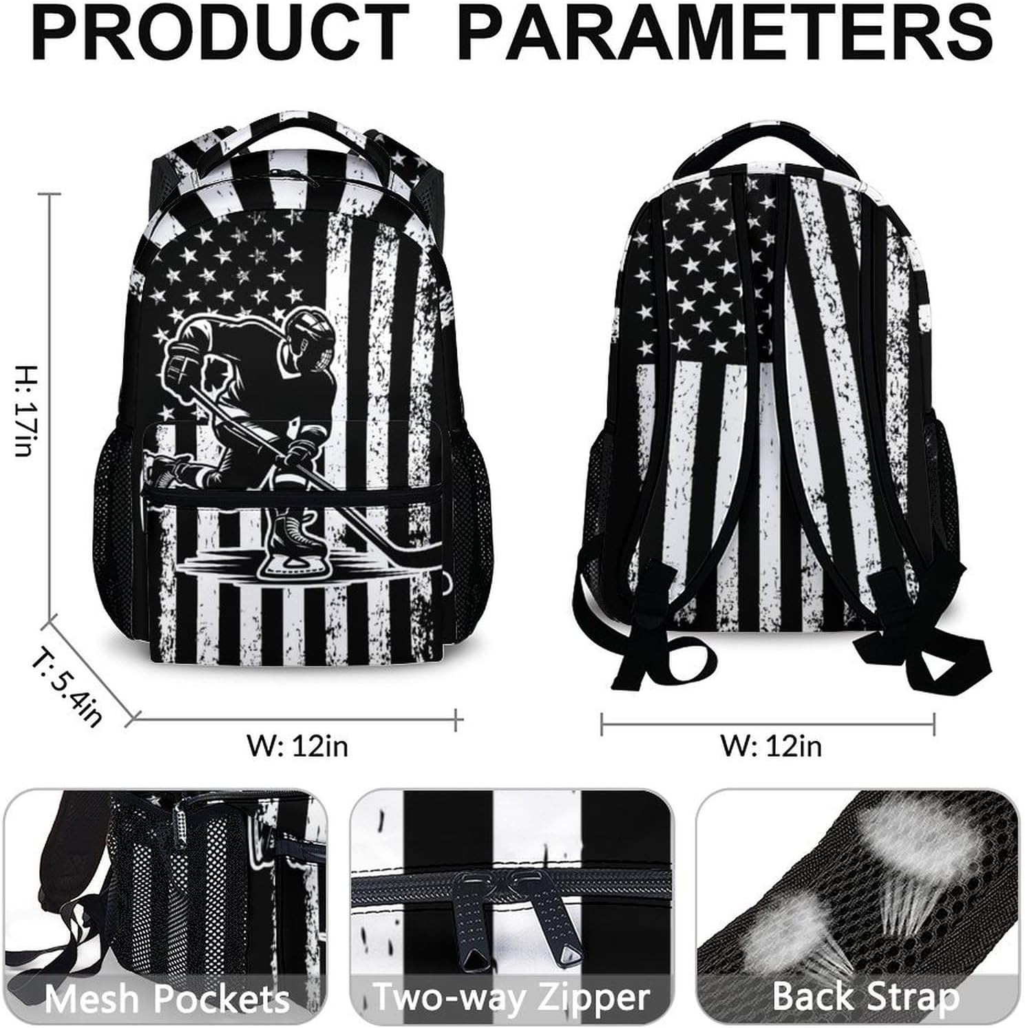 Backpacks for Boys, Hockey School Bookbag for Students Teens Men, 17 Inch Lightweight Sports Daypacks Supplies for Primary Travel Camping Outdoors