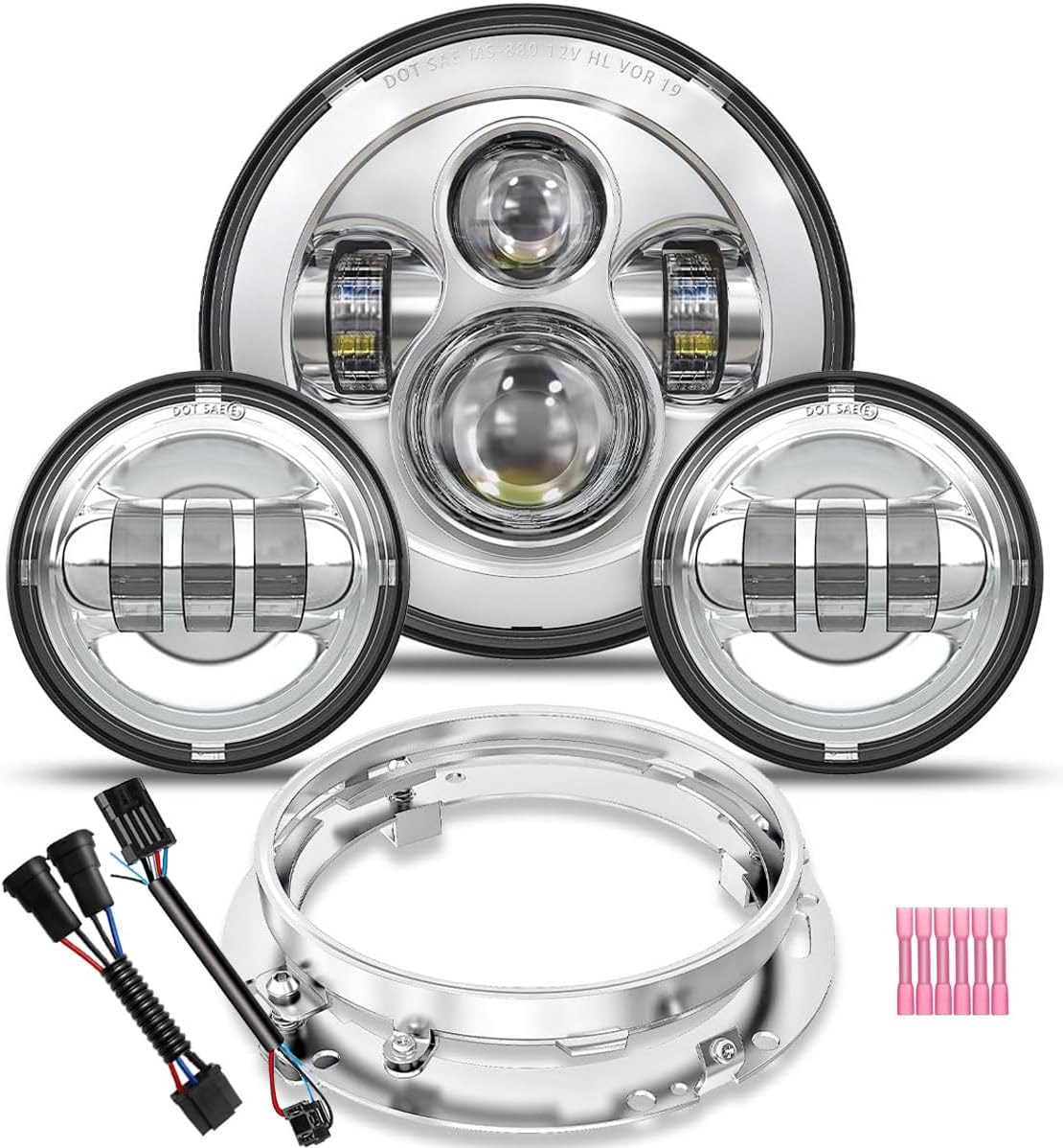 7 inch Daymaker LED Headlight DOT Kit Set Fog Passing Lights for Harley Davidson Ultra Classic Electra Street Glide Road King Heritage Softail Deluxe Slim Fatboy Motorcycle Headlights Headlamps Chrome