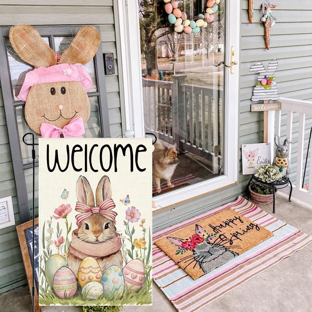RABUSOFA Easter Bunny Garden Flag 12x18 Inch Double Sided for Outside,Welcome Rabbit Eggs Floral Spring Holiday Decoration for Outdoor Small Yard Lawn Flags - Image 4