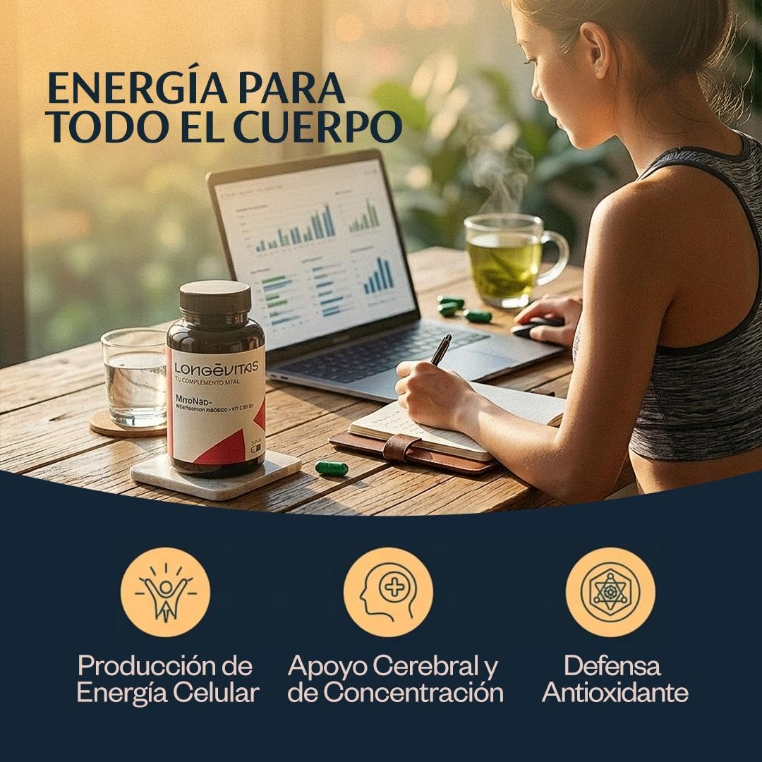 Longévitas MitoNAD+, Nicotinamida Ribósido NAD Booster, 1 Mes (60 Cápsulas) | Con Vitamina C y B1 B2, Comité Científico Dr. Aguilera, Soporte Mitocondrial, Fabricado en España, ISO9001