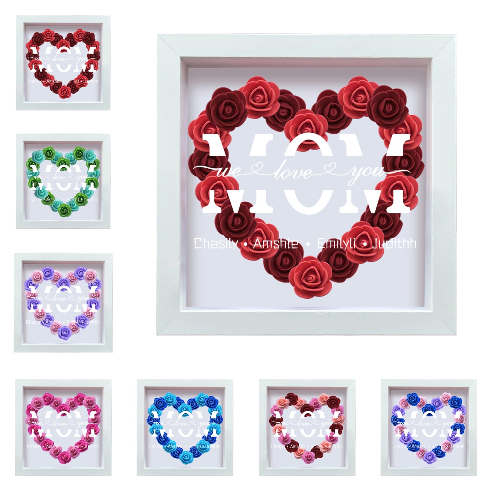 Custom 1-10 Child's Names Rose Flower Shadow Box We Love You Mom Memory Box Frame Heart Monogram Gift Display Case Mother's Day Keepsakes Flower Memory Box for Mom Grandma Wife Daughter Dad Grandpa