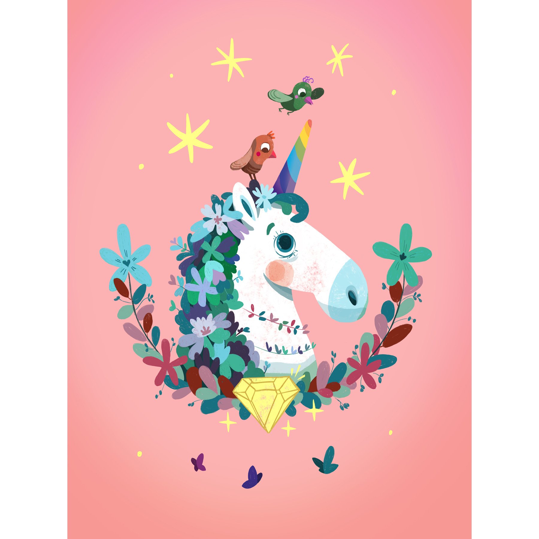 Wee Blue Coo Unicorn Diamond Birds Art Poster Print