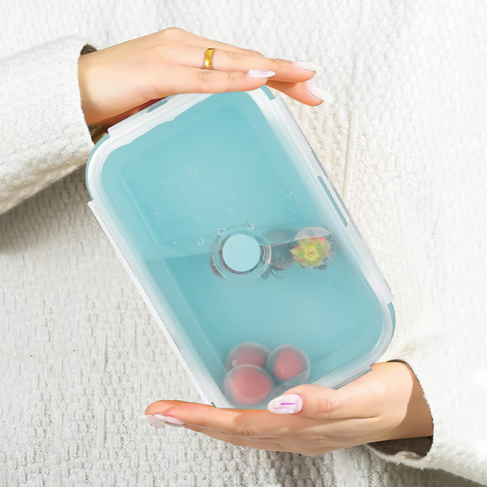 Contenitore per alimenti in silicone pieghevole con coperchio, portatile, salvaspazio, adatto al microonde e congelatore, set di 4 (Azzurro)
