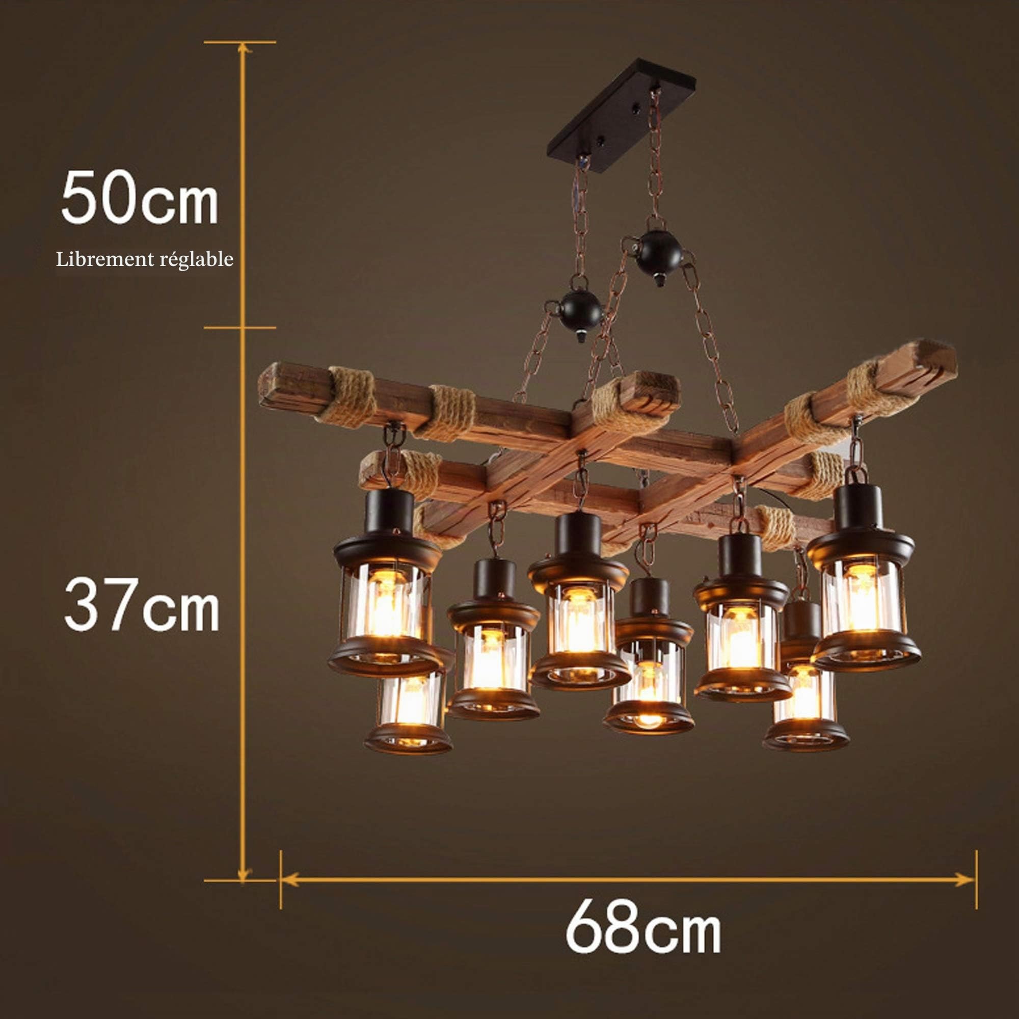Suspension Rétro Suspendue Lampes En Bois Lampe Suspendue Industriel Vintage 8 Lumières Suspension Lampe Loft Bar Salle À Manger Maison De Campagne E27 Lustre Antique Métal Verre Bois Plafonnier