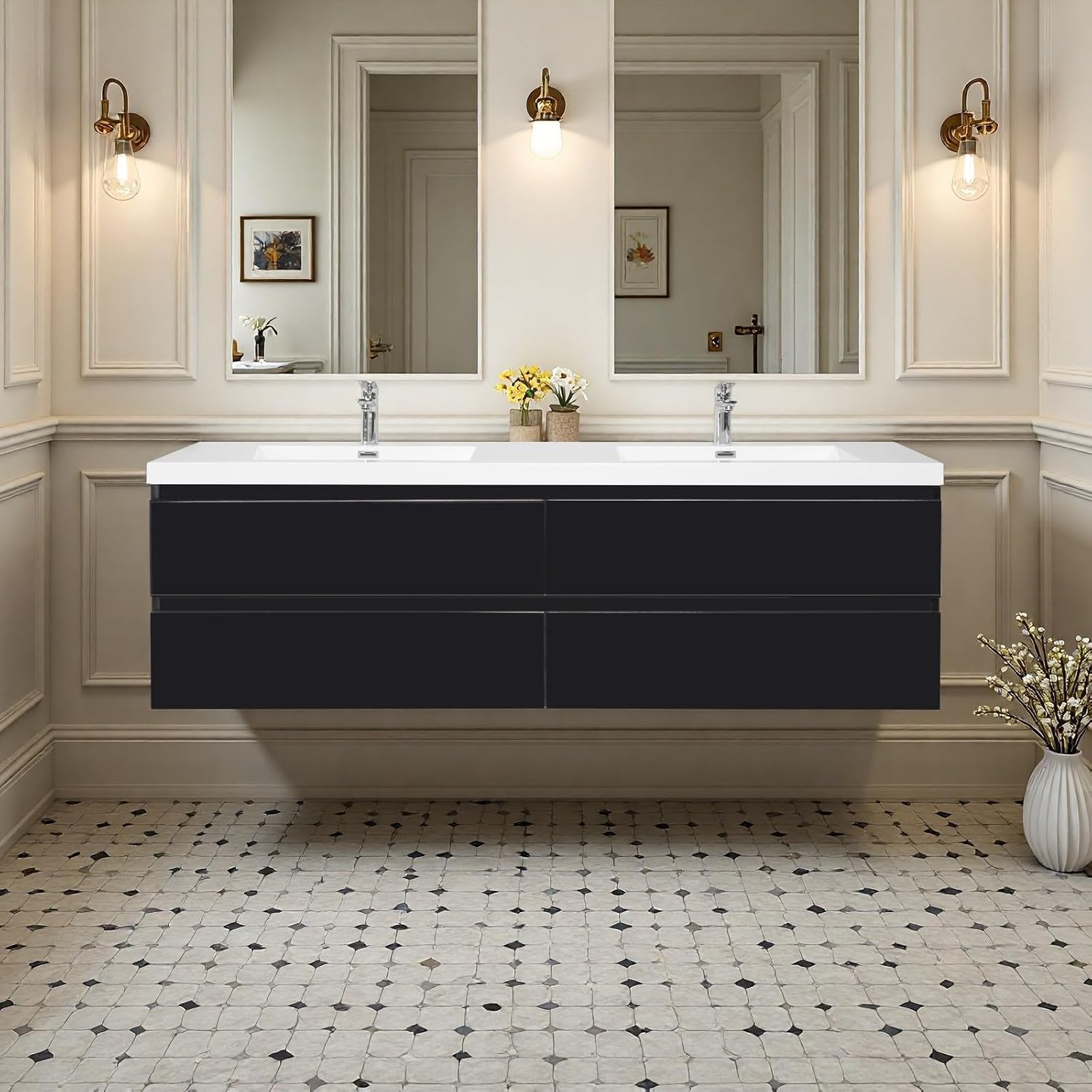 Floating Bathroom Vanity with Sink, 72" Wall-Mounted Bathroom Storage Cabinet with Resin Countertop, 2 Integrated Sink &amp; 4 Soft Close Drawers, Modern Vanity with Open Back Design, Black