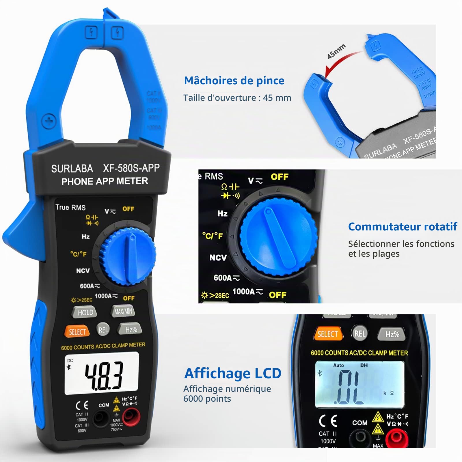Bluetooth Pince Ampèremétrique, NCV AC DC Clamp Multimètre Numérique TRMS, 6000Count Tension Courant Meter App Support, Voltmètre Ampèremètres avec Continuité Température Résistance Diode Capacité Hz