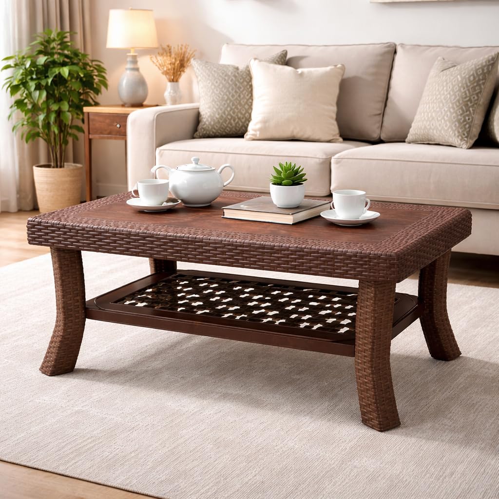 ARLAVYA Rattan Style Coffee Table with Lower Storage Shelf | 1 Year Warranty | Weather Resistant Indoor Outdoor Tea Table,Center Table for Patio & Balcony,(Finish Color-Teakwood, DIY)-image-12