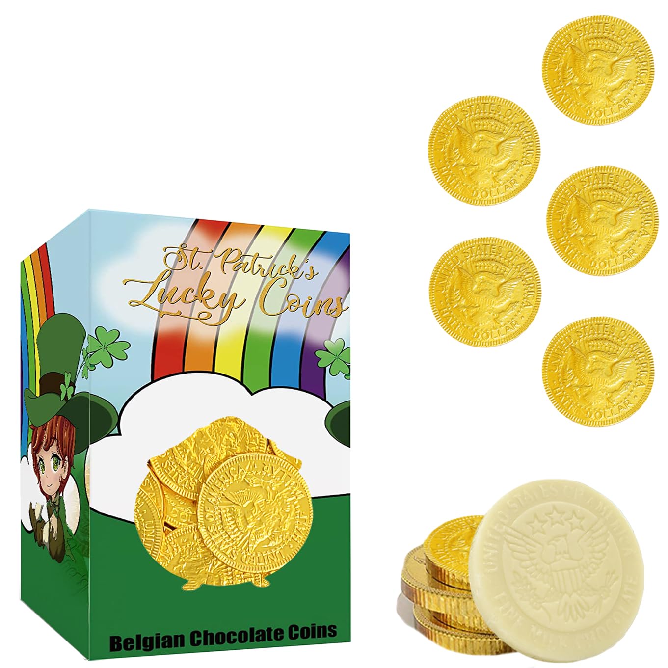 The Dreidel Company St. Patrick's Day White Milk Chocolate Coins 2 Pounds, Half-Dollar Gold Foil Coins in Themed Box, Made with Belgian Chocolate, Gluten-Free, Nut-Free, Kosher Certified Dairy