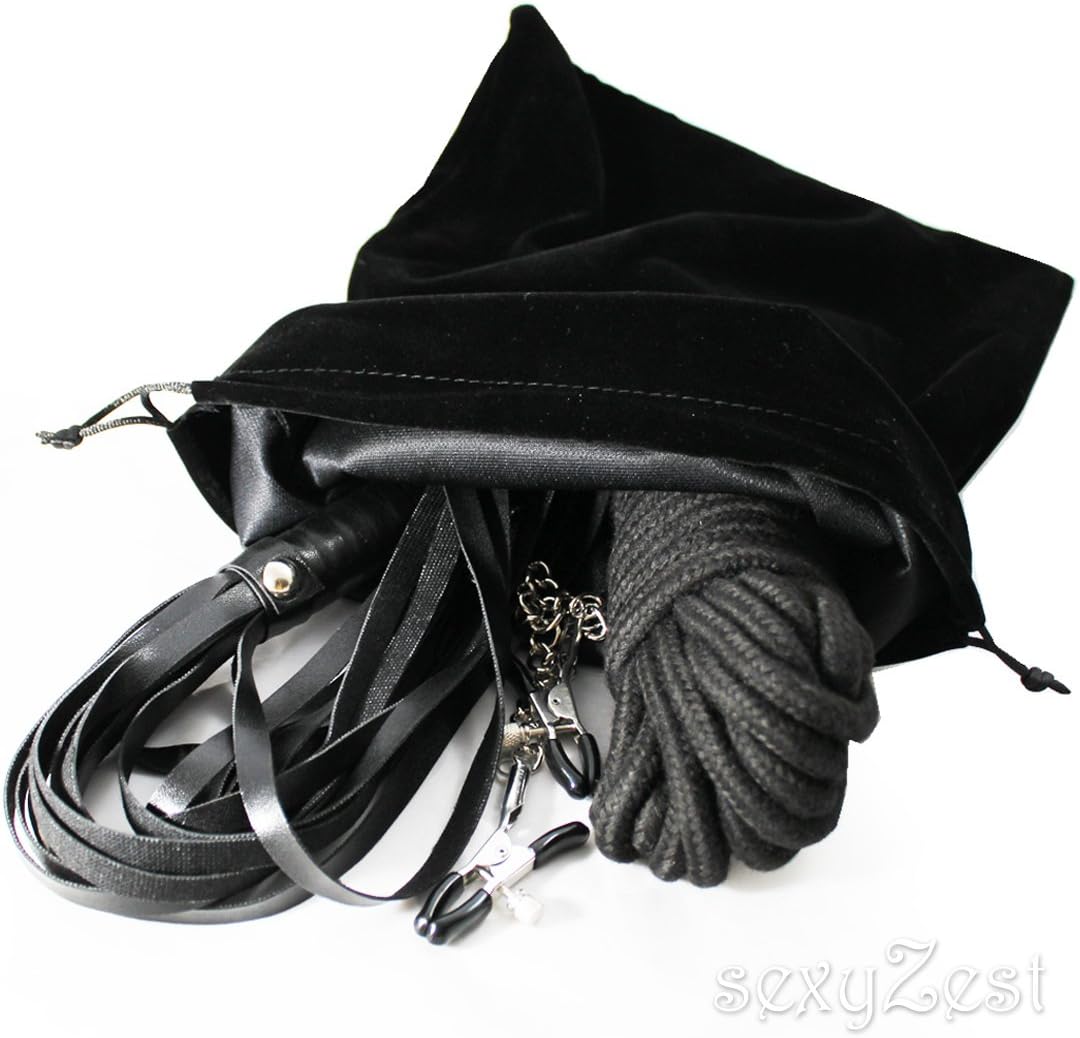 Adult Play Set : Blindfold, Clamps Clips, Soft Cotton Rope, and Whip in Black Velvet Bag (Black)