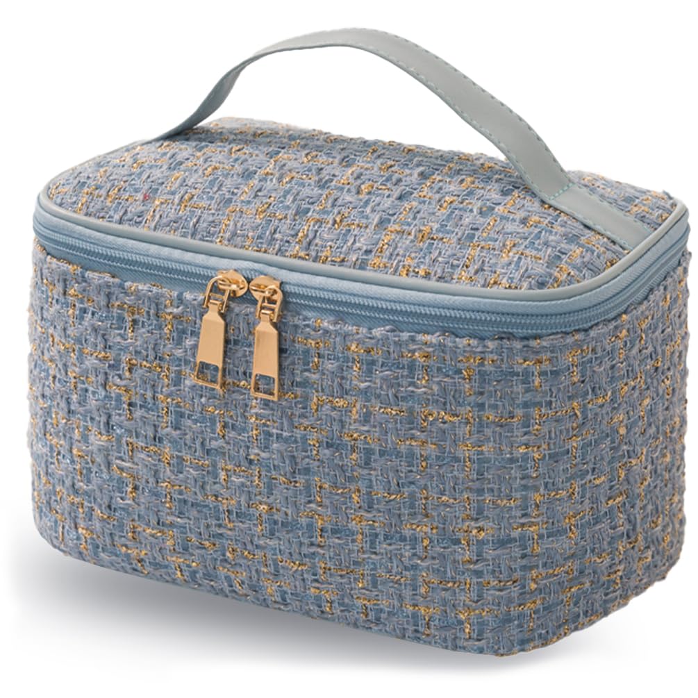 kamumanni Makeup Bag, Cosmetic Case with Inner Pocket, Top Handle Travel Bag, Light Blue Square Cosmetic Case for Travel (Blue + Gold Plaid)