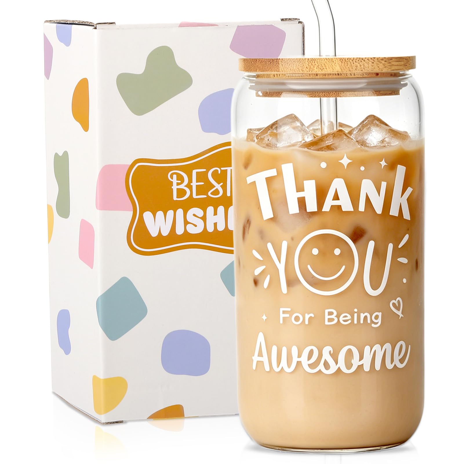 saerryor Thank You Gifts for Women,Glass Iced Coffee Cup for Bubble Tea