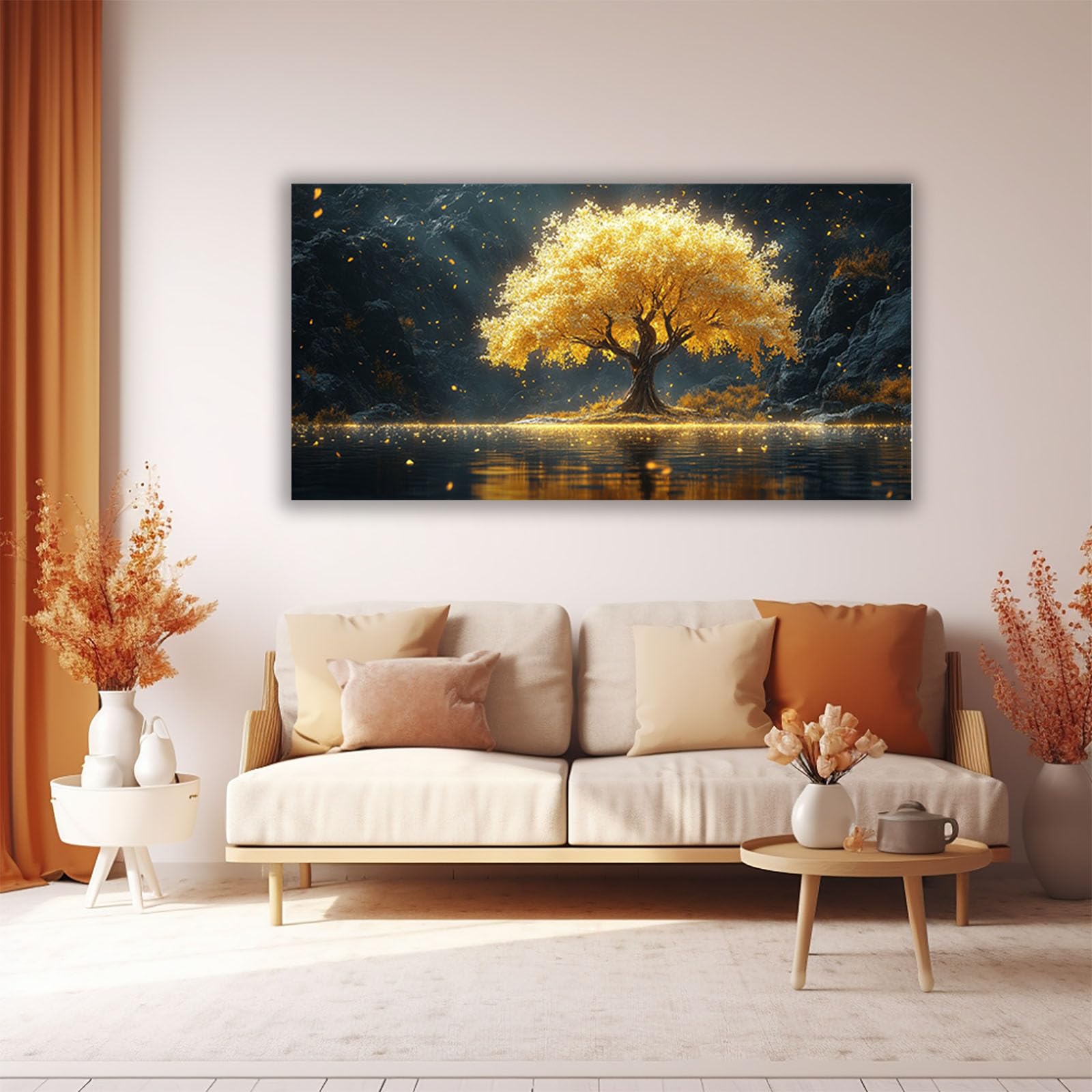 TERUEA Cuadros Decorativos Modernos Floral Brillante Árbol Dorado Brillante Acantilado Oscuro Agua Cuadros Decoracion Salon yoga femenino flor salud Lienzos decorativos（Gold-50x100cm1 Sin marco