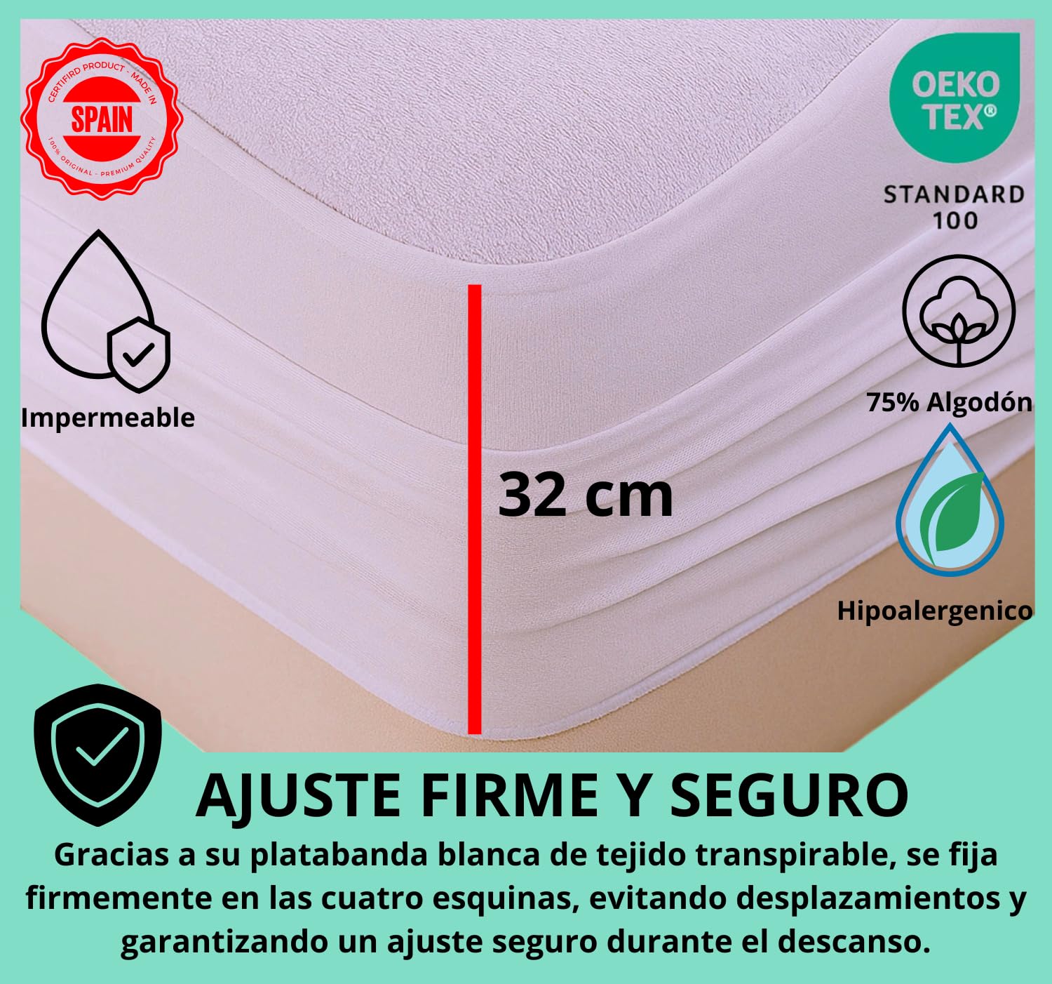HaraDeco Protector Colchón Hotelero Rizo Algodón Sin Ruido Oeko-Tex® | Silencioso, Transpirable Impermeable, Hipoalergénico y Antiácaros, Resistente Fabricado en España para Uso Profesional