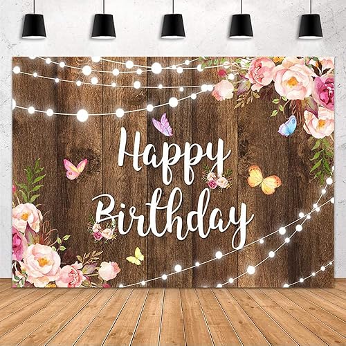 MEHOFOND Telón de fondo rosa floral de feliz cumpleaños, acuarela, mariposa, madera, flores, niñas, mujeres, fotografía de cumpleaños, pancarta,