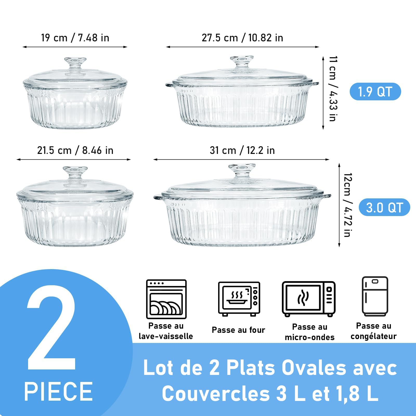 Lot de 2 Cocottes en Verre Borosilicate avec Couvercles – Plats à Four Ovales 1,8 L et 3 L – Plats à Gratin Ultra-Résistants pour Four, Micro-ondes et Congélateur – Idéal pour Lasagnes et Rôtis