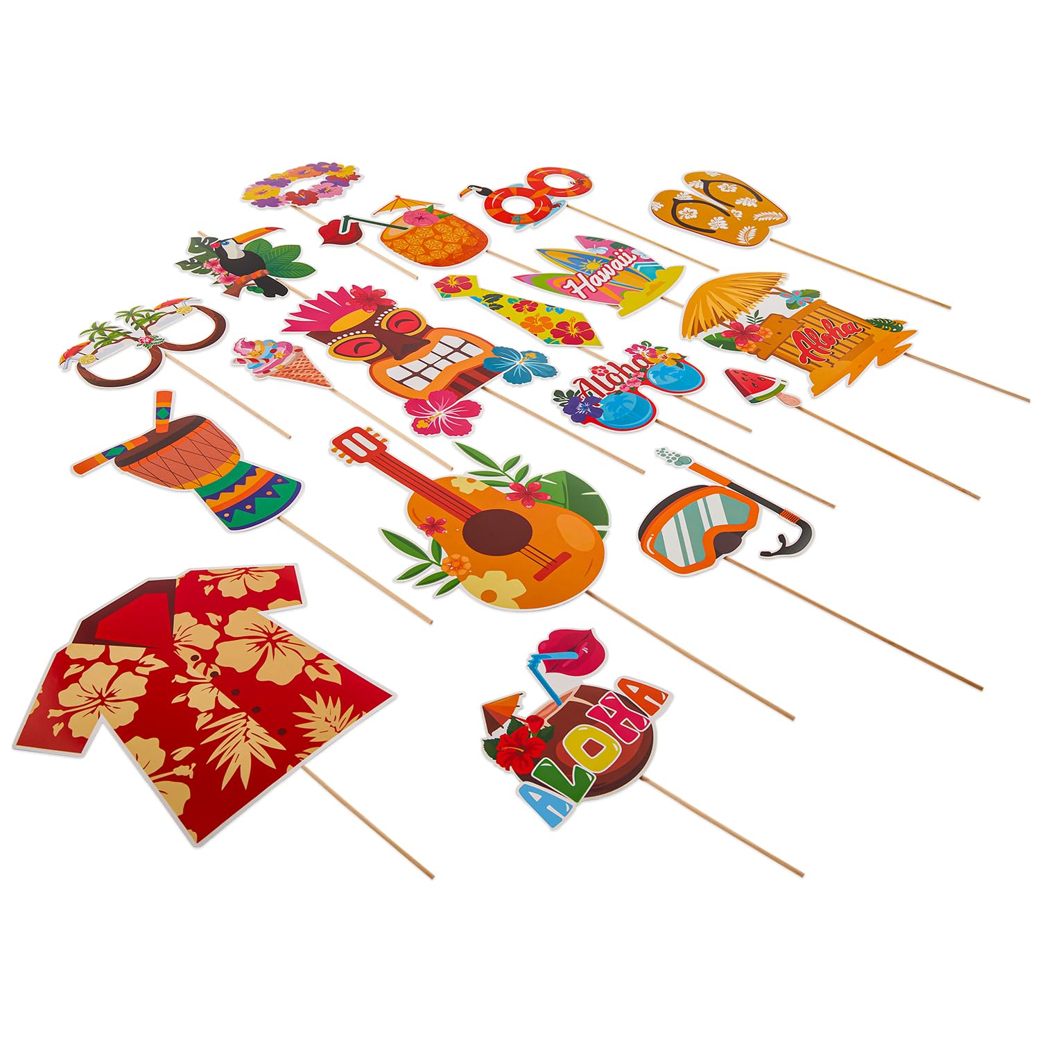 Zink 30PC Luau Party Photo Booth Props - 30 Tropical Hawaiian Photo Booth Props with 30 Sticks and 60 Self-Adhesive Tapes for Photo Booths