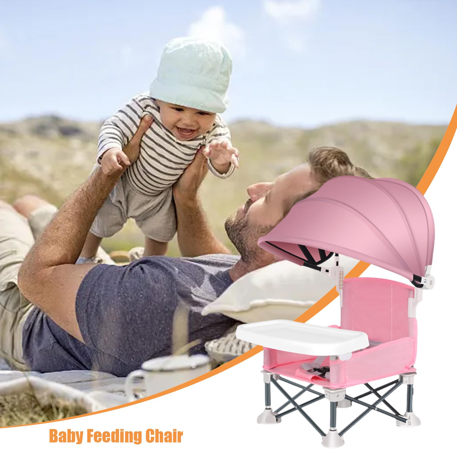 Chaise Enfant Plage Bébé Siège Rehausseur Pliable Avec Parasol & Plateau Amovible - Camping Pliable & Compact