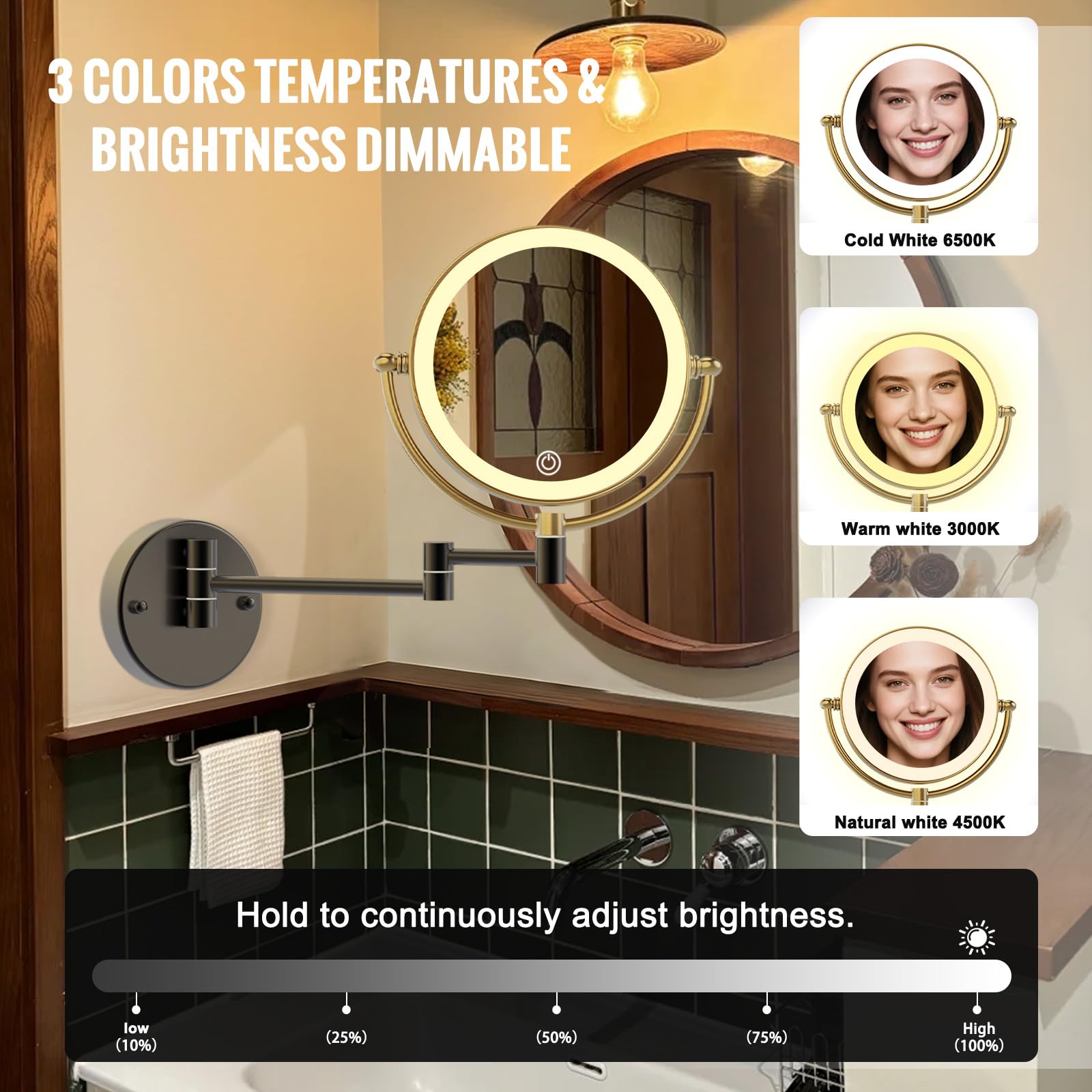 Espejo de pared recargable con luz para maquillaje, espejo de aumento de baño de 10 aumentos, brazo extendido, rotación de 360 grados, LED de 3 colores, regulable al tacto, negro mate con
