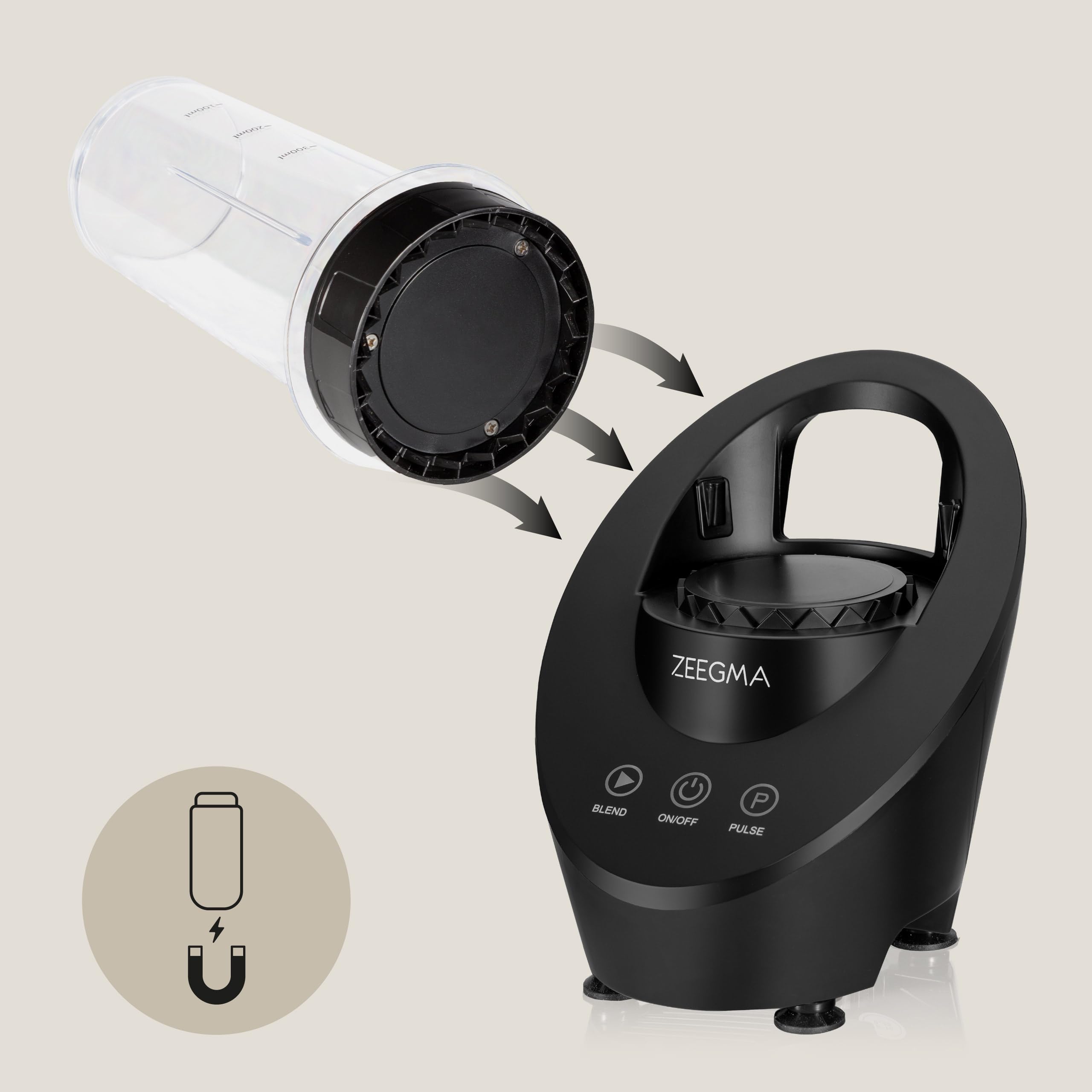 ZEEGMA Vitamine Ferro Mini Frullatore Portatile 200 W | Azionamento Magnetico, 2 Bottiglie da 300 ml, 2 Velocità, per Cocktail, Frullati, Ghiaccio e Noci