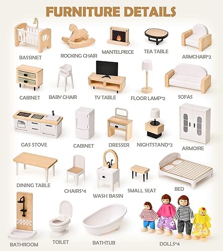 Miniatura 14 de Toyssa Juego de muebles de casa de muñecas de madera, 36 piezas de accesorios en miniatura para casa de muñecas con coloridas 5 habitaciones y 4
