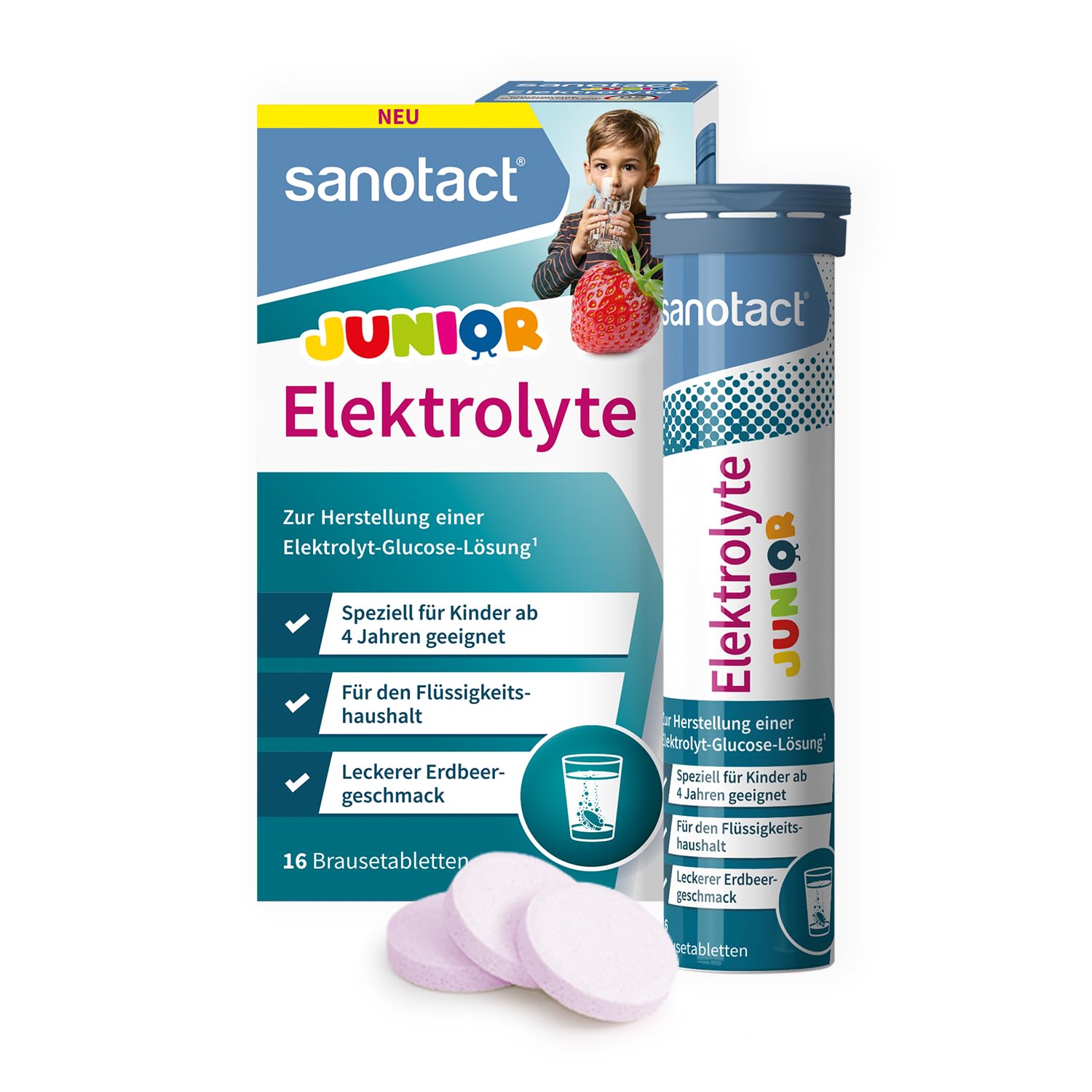 sanotact Elektrolyte Junior (16 Brausetabletten) • Elektrolyte für Kinder bei Durchfall, bei Hitze, auf Reisen • Zur Unterstützung des Flüssigkeitshaushalts • Erdbeer-Geschmack