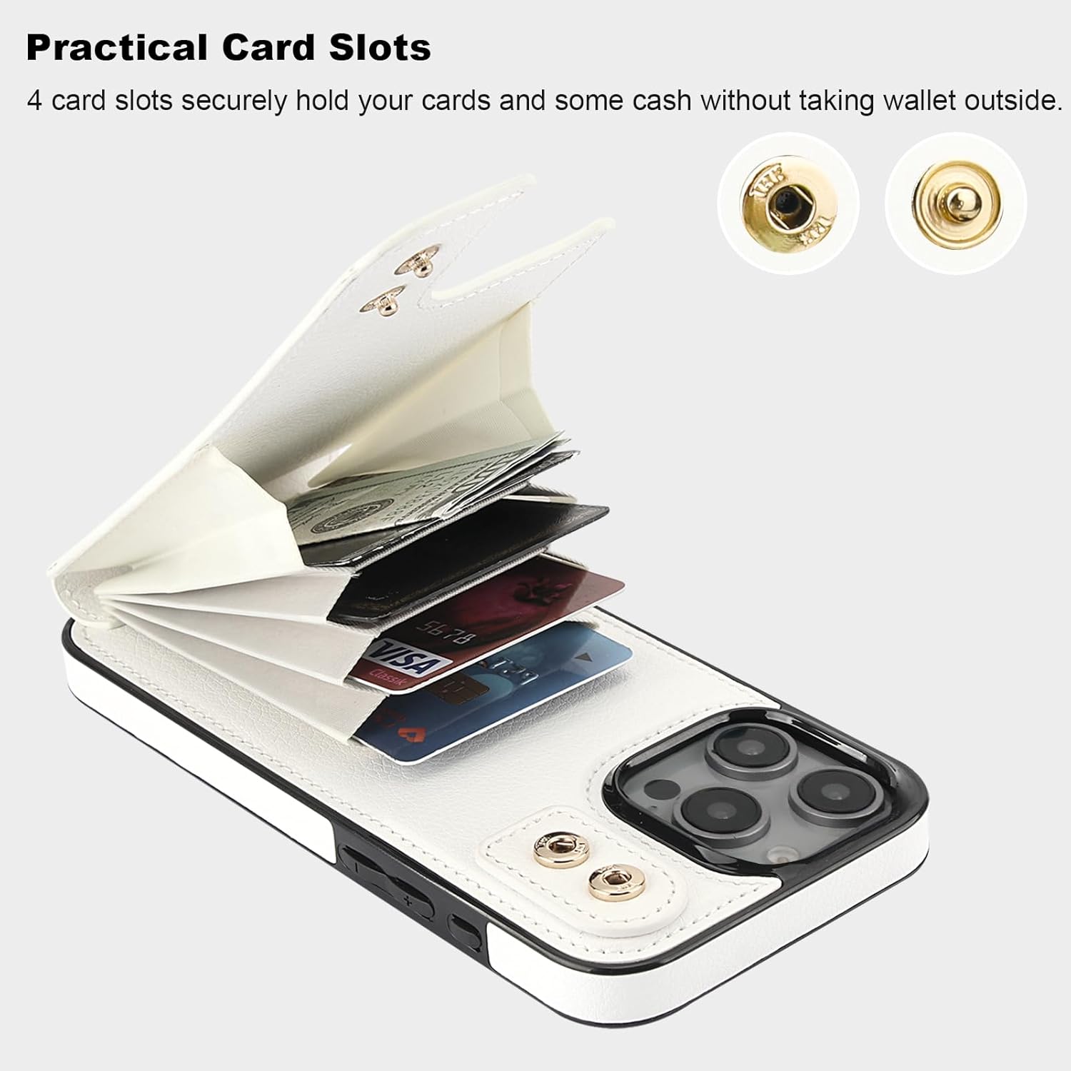 Folosu Compatible with iPhone 16 Pro Max Case Wallet with Card Holder, 360°Rotation Finger Ring Holder Kickstand, RFID Blocking Leather Protective Double Buttons Shockproof Cover 6.9 Inch White - Image 4