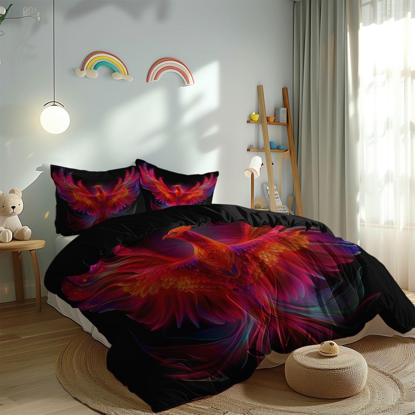 Parure de lit 220 x 240 cm phénix animal avec 2 taies d'oreiller pour lit enfant