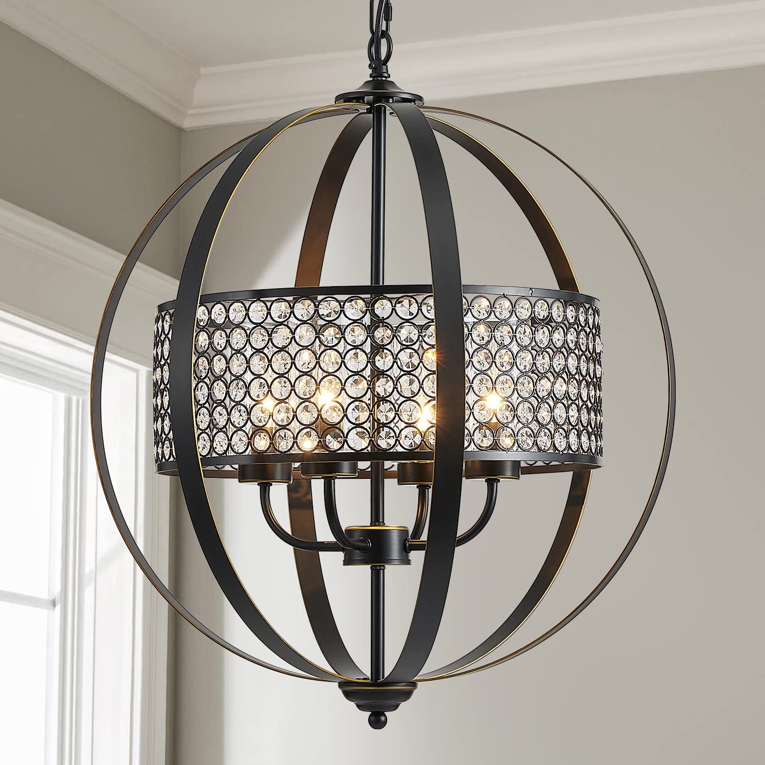 Saint Mossi Farmhouse Chandelier Crystal Light Fixture, Globe Frame with Crystal Bead Cage and 4-Light with Glass Lampshade Bronze