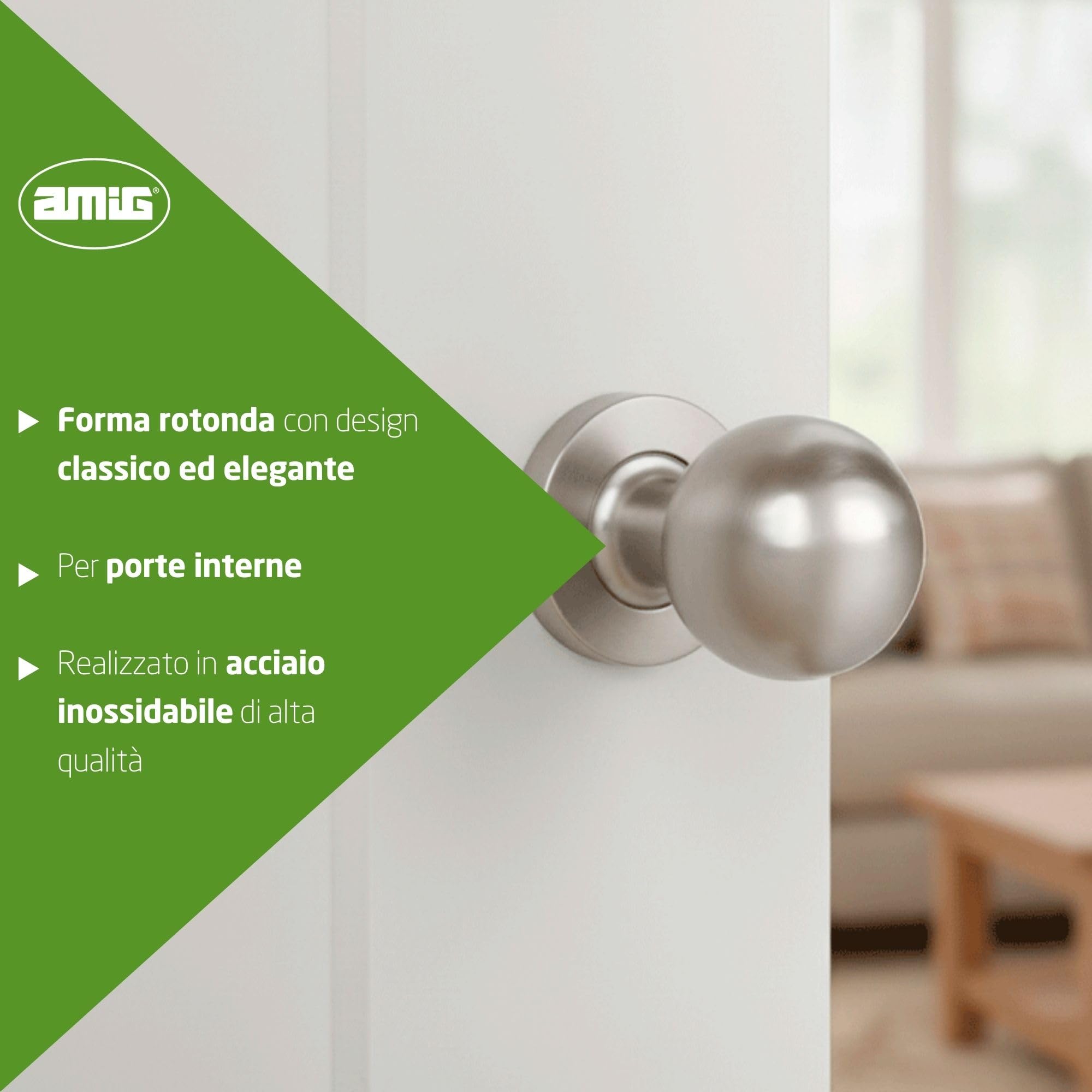 Amig – Pomolo/Maniglia rotonda per porta interna – Mod. 11GR – Impugnatura ergonomica – Rosetta rotonda – Acciaio inox 18/8 satinato – Ø50 x 78 mm