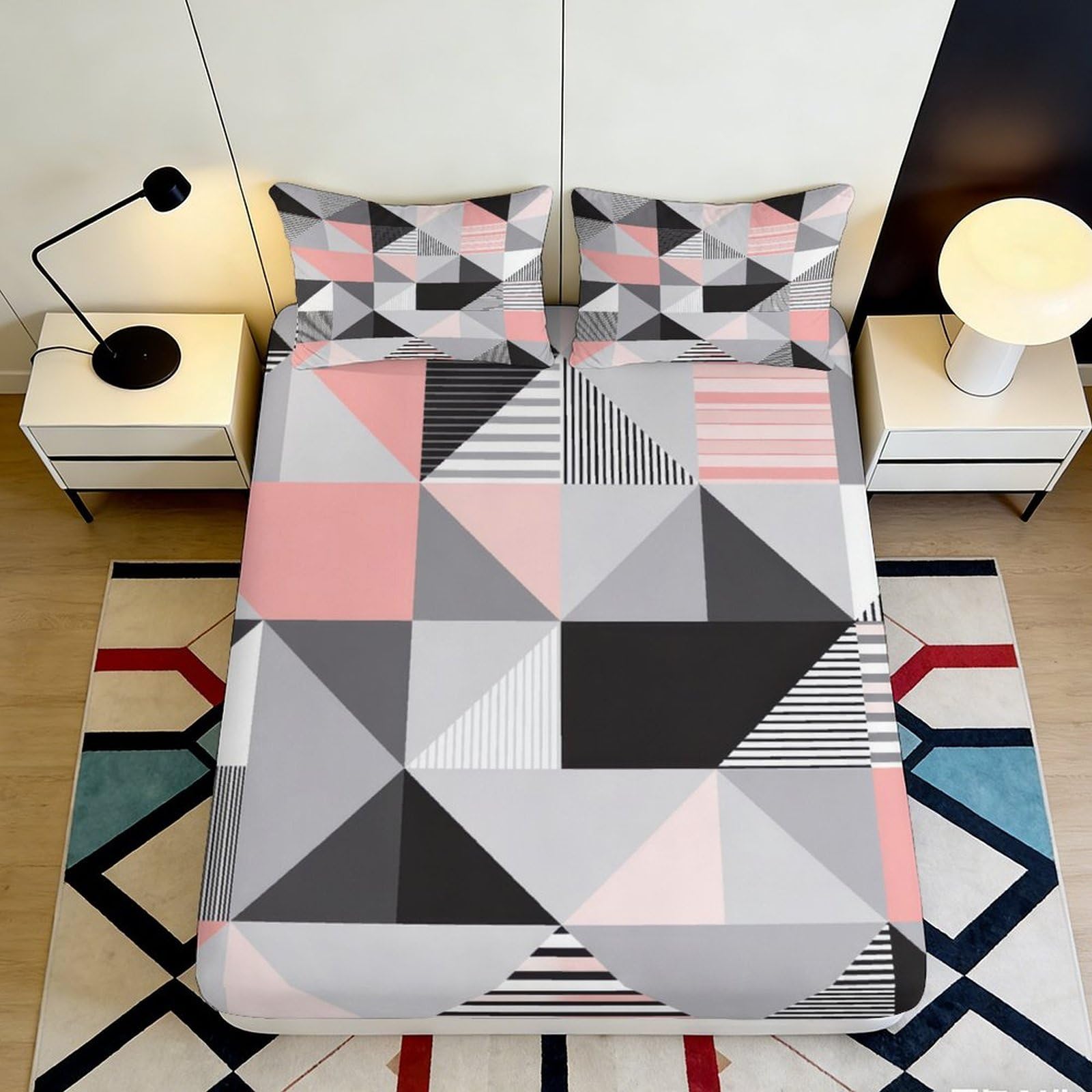 3D Printed Geometric Patchwork Fitted Sheet Microfiber Soft Pink Grey Abstract Bed Cover for Bedroom Guest Room Decor 90x200x25cm