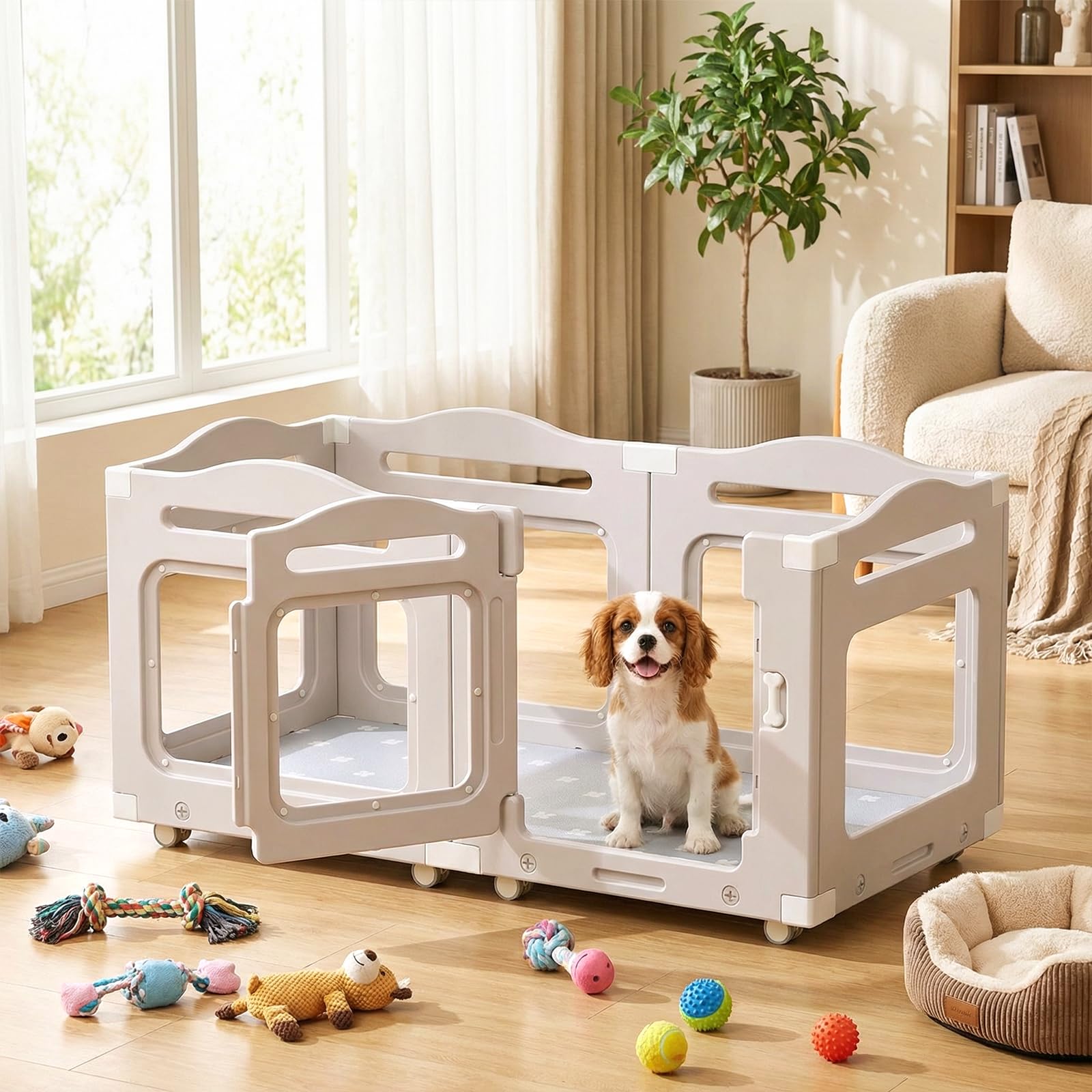 MAMIZO Recinto per Cani Acrilico 126 × 68 cm, Box per Cuccioli con Ruote e Base, Box per il Parto Cani con Cuscinetto Impermeabile, 5+1 PCS Pannelli Parco per Cani adatto Appartamento, Grigio Caldo