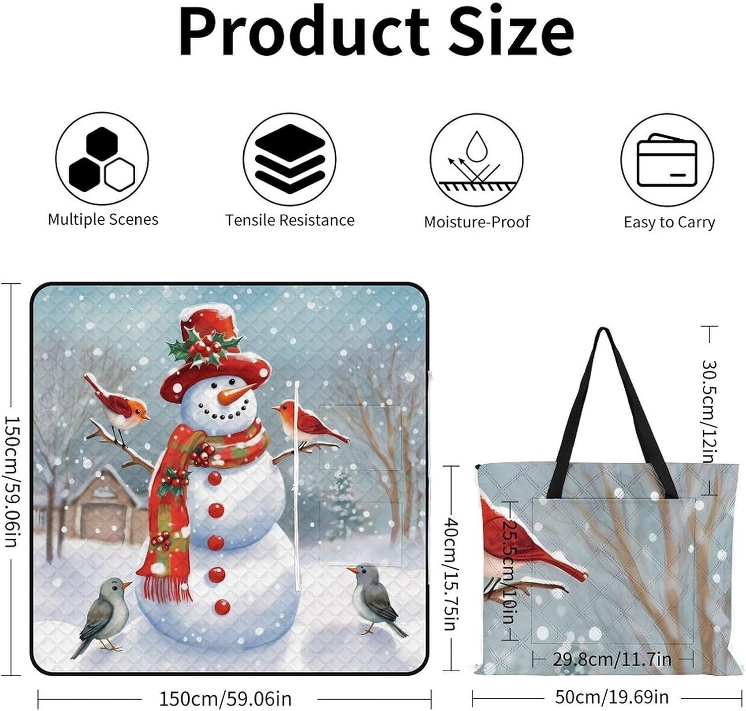 Christmas Snow Man and Birds Picnic Blanket Zipper Style Waterproof Foldable Outdoor,Picnic Mat Foldable As A Shopping Bag for Ladies, Portable Outdoor Blanket for Camping