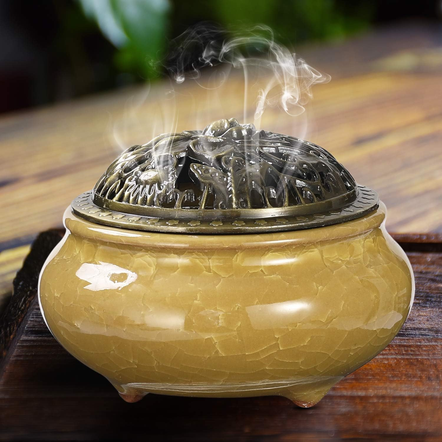 Miupoo Incense Burner and Cone Incense Holder with Brass Incense Stick Holder Ceramic Ash Catcher,Yellow