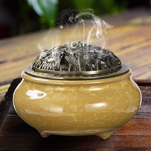 Miniatura 8 de Miupoo Quemador de incienso y soporte de incienso con soporte de palo de incienso de latón, atrapador de cenizas de cerámica, amarillo