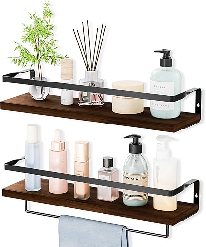 Miniatura 1 de Estantes de baño con toallero, estantes flotantes para baño, cocina, dormitorio, madera de Paulownia, marco de metal negro mate, juego de 2 (marrón