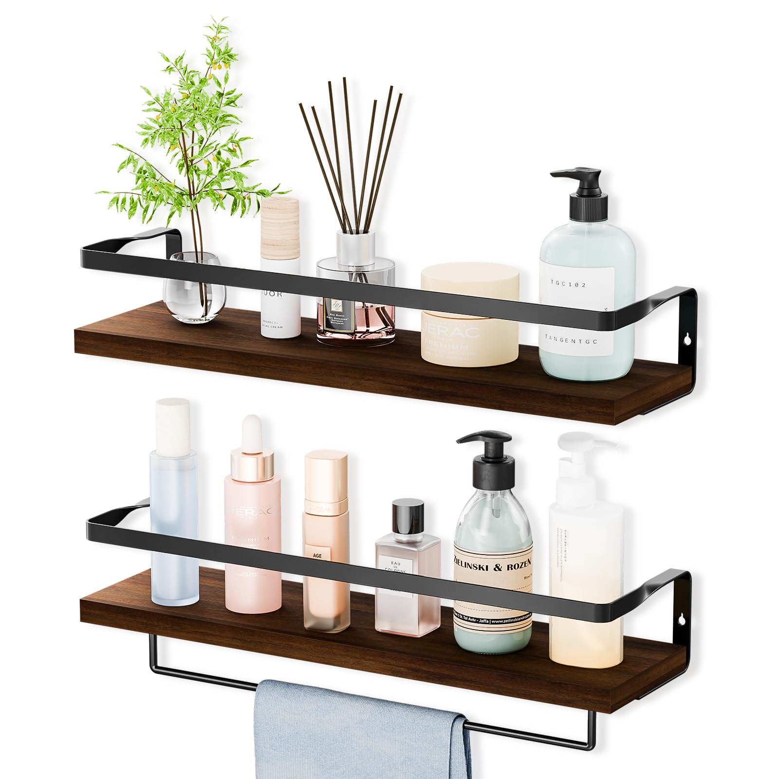 MDCXJXQC Bathroom Shelves with Towel Bar,Floating Shelves for Bathroom, Kitchen, Bedroom, Paulownia Wood, Matte Black Metal Frame - Set of 2 (Rustic