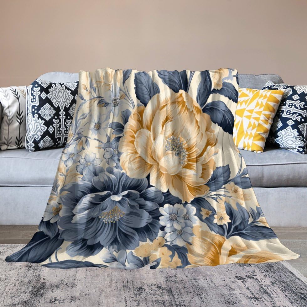Miniatura 6 de Manta suave hecha a mano con flores amarillas, azul polvoriento, gris, ultra suave, manta de microfibra vintage de 30 x 40 pulgadas para sofá, cama,