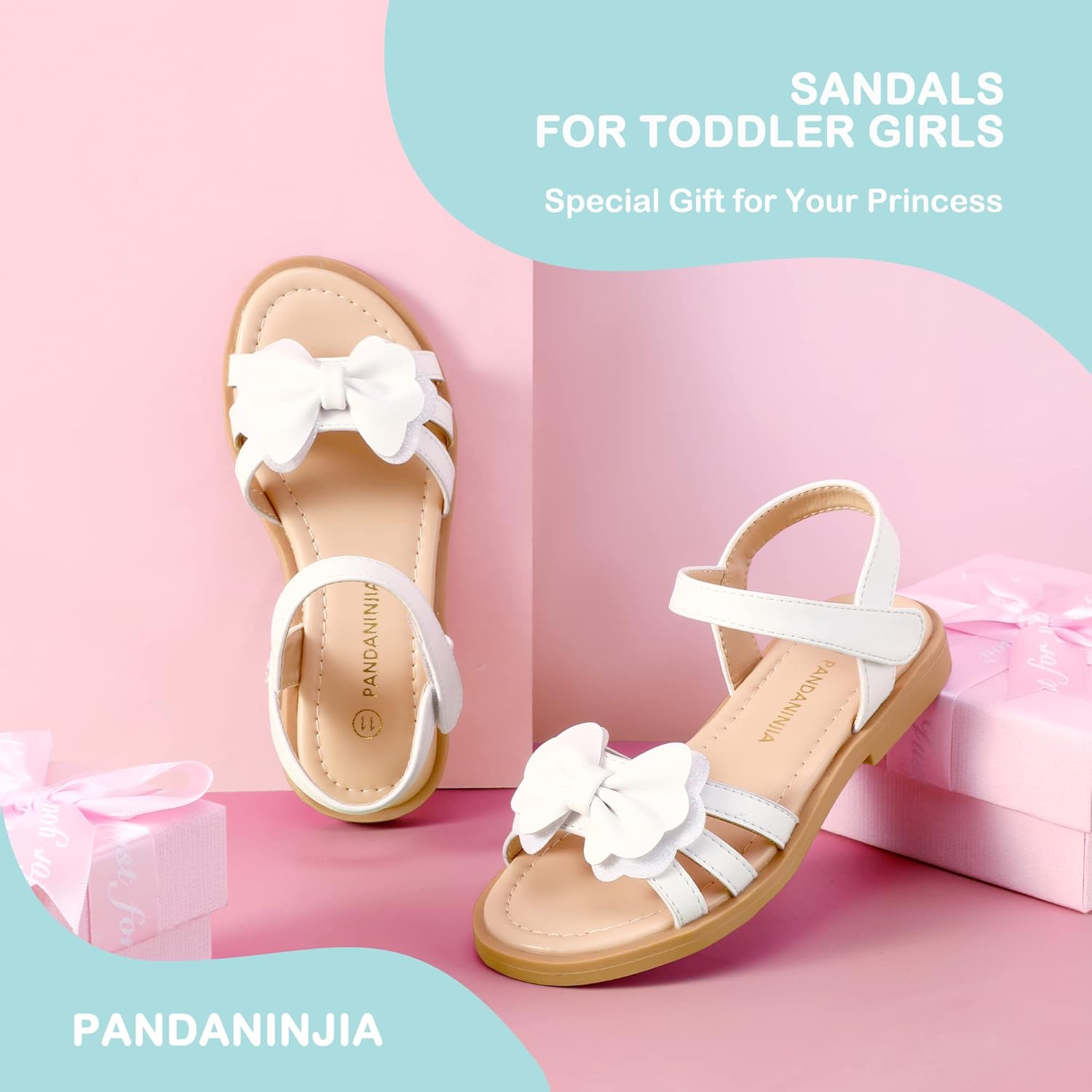 PANDANINJIA Girls Sandals, Open Toe Cute Bow Princess Girls Flats, Sparkly Summer Dress Shoes Sandals for Toddler/Little Kid/Big Kid - Image 6