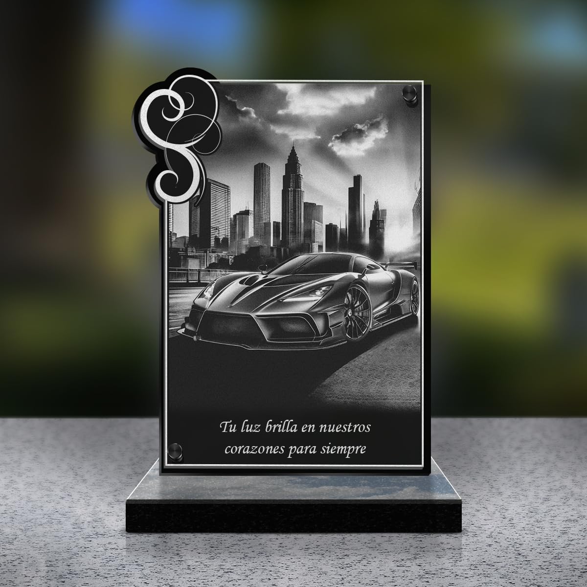 Eternel - Placa Funeraria Personalizada Marco Adornos - Coche De Lujo, Coche Deportivo, Automóvil - Texto Personalizable, Placa Funeraria Grabada con Láser Homenaje, Placa Mortuoria, Cementerio