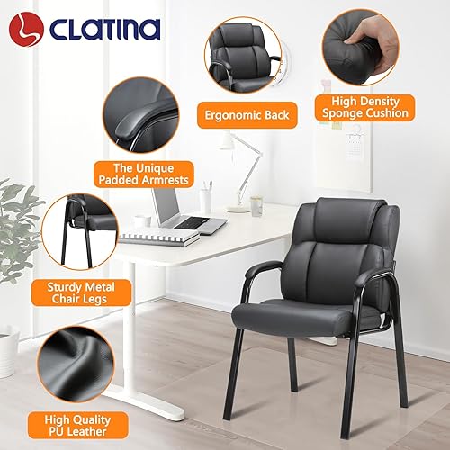 Miniatura 3 de CLATINA Silla de invitados negra con brazos, sillas de recepción de oficina para conferencias y sala de espera, silla ergonómica de cuero para
